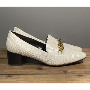 Tory Burch Women's Jessa Heeled Loafers Size 7.5 White Leather Croc Embossed